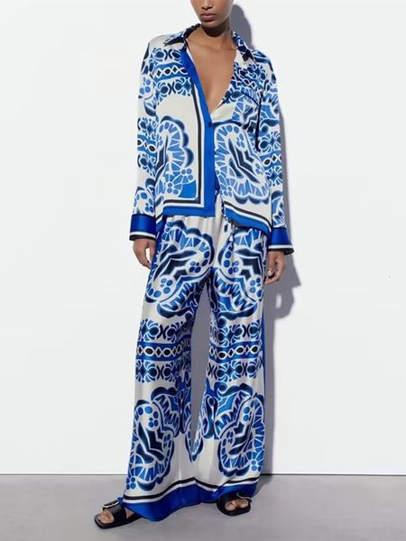 

womens two piece pants blue printed casual loose women set turndown collar cardigan shirt and split wide leg long pants high waist two piece, White