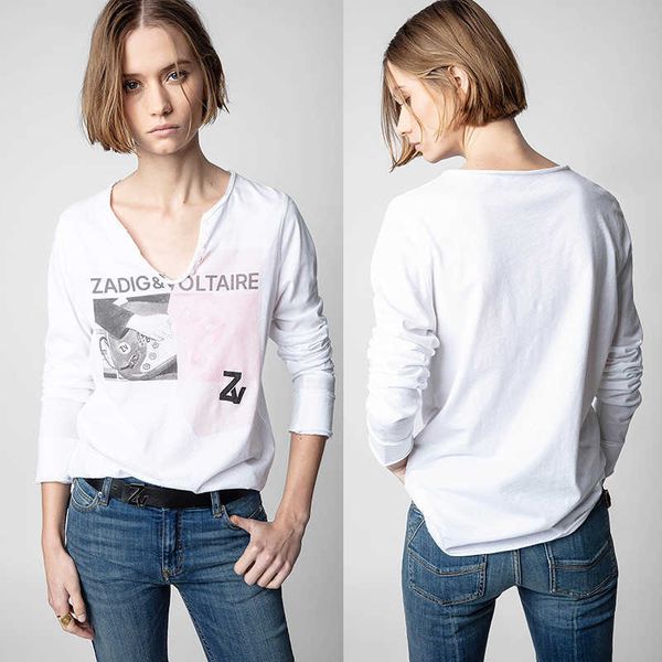 

zadig voltaire classic fashion t shirt designer guitar print diamond digital print u-neck hem curved long sleeved pure cotton t-shirt for wo, White