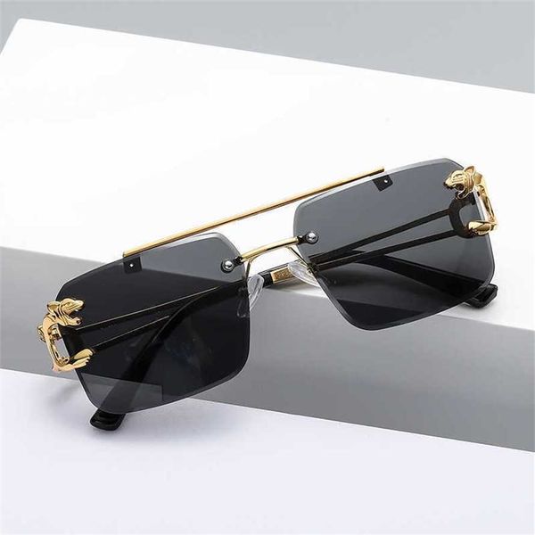 

56% off wholesale of double beam frameless design trimmed leopard head sunglasses new trend wear sunglasses for driving, White;black