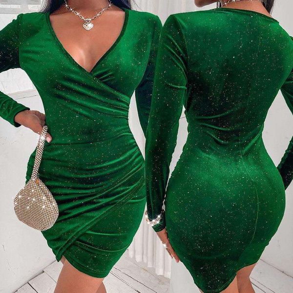 

gold velvet long sleeve fashionable lady dress pure color v collar mini, Black;gray