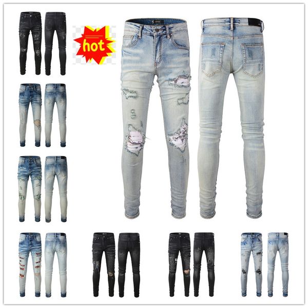 

blue fall animal snake embroidery patchwork jeans hombre balmains motorcycle pants streetwear ripped jean noir homme zipper amirs jean for