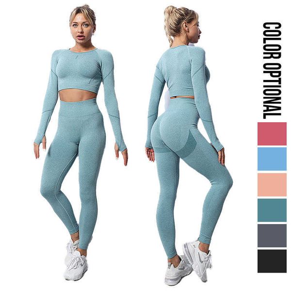 

ll-01 women yoga set 2 piece seamless sportswear gym outfits fitness long sleeve crop high waist leggings sports activewear suits