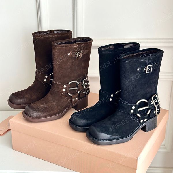 

miu harness belt buckled cowhide leather biker boots chunky heel zip knight boots fashion square toe ankle booties women's luxury desig, Black