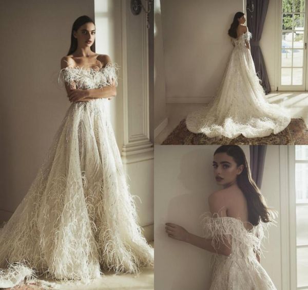 

2019 idan cohen feather wedding dresses off the shoulder a line sweep train sequins bohemian wedding dress custom made luxury brid8330766, White