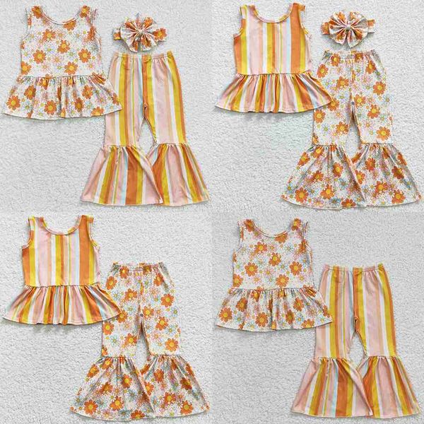 

girls new design baby clothes set fashion flower print spring bell bottom outfits boutique toddler girls clothing with bow wholesale, White