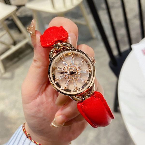 

luxury lady watch snow rotary dial rose gold sliver designer diamond fashion women watches leather strap wristwatch for womens christmas mot, Slivery;brown