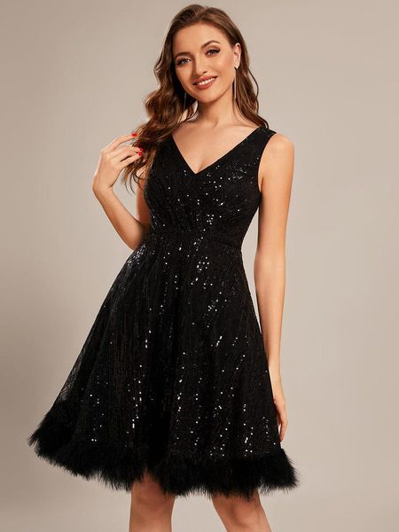 

custom size v-neck sequin feather short prom dress, Black