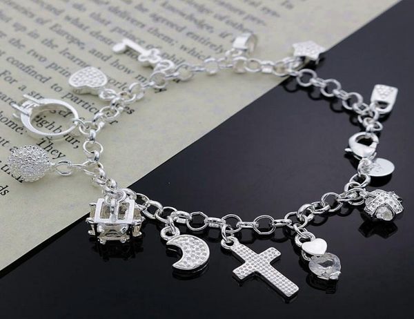 

fine 925 sterling silver bracelet for women menfashion 925 silver 13 pendants charm chain 8inch bracelet italy 2018 new arrival x3913754, Black