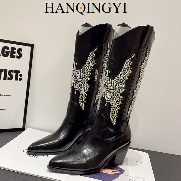 

boots autumn women western knee-high boots for heels rhinestones pumps size 41 pointed toe female shoes ladies long knight boots 230728, Black