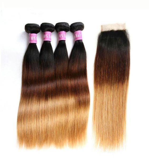 

4pcs ombre malaysian hair weaves with closure three tone color 1b427 silky straight human hair weft bundles with closures8115753, Black