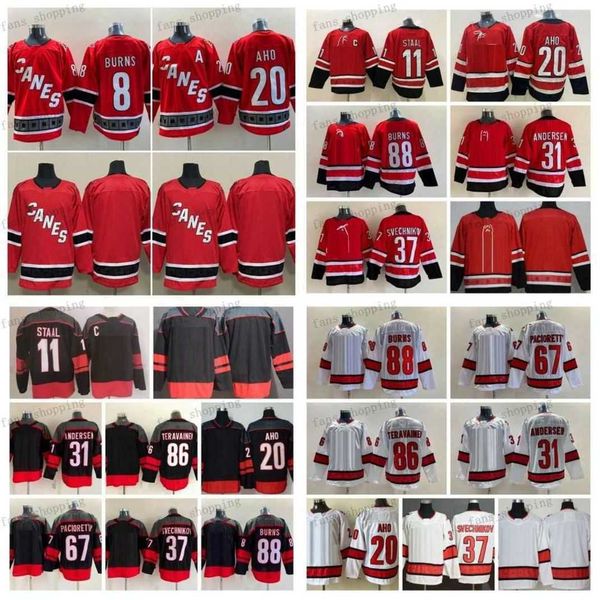 

mens 20 sebastian aho hockey jerseys 11 staal 37 andrei svechnikov 86 teuvo teravainen 31 frederik andersen 8 brent burns 67 max pacioretty, Black;red