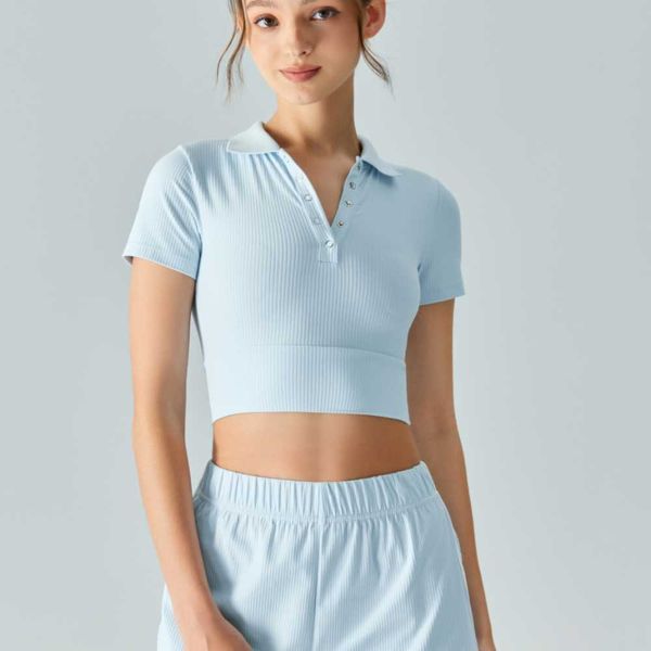 

ll-01 polo collar yoga short sleeved t-shirt women slimming quick drying fitness suit sports ribbed tank short style summer tee