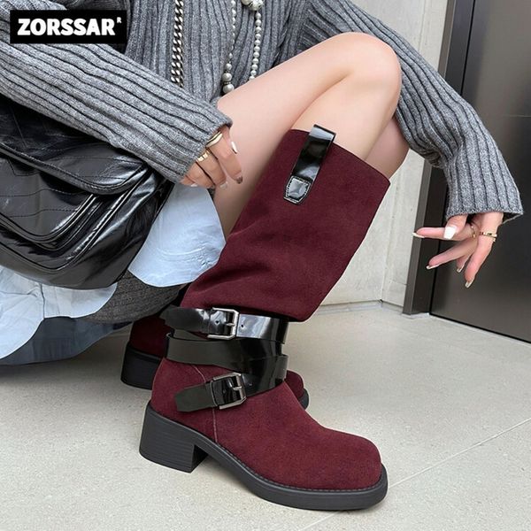 

boots nubuck leather women knee high western boots medium heel long boot winter fashion buckle female thigh high cowboy boots 230728, Black