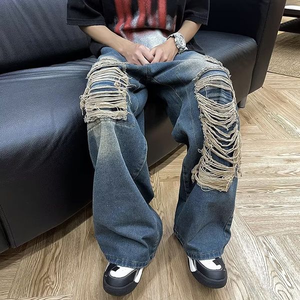 

mens jeans y2k jeans korean edition broken hole design senses the streetwear hip hop wide leg jean for men straight male trousers 230729, Blue