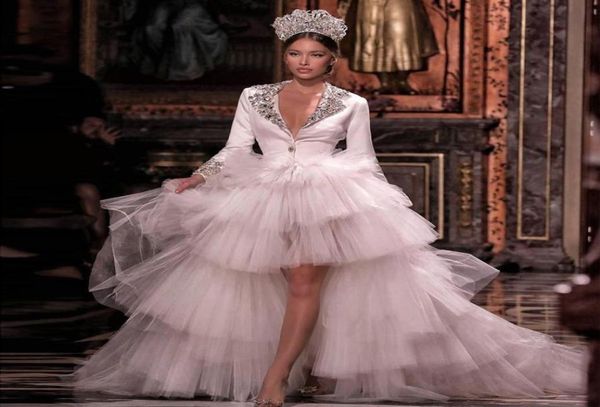 

vintage crystal beaded high low wedding dresses deep v neck sequined long sleeves bridal gowns tiered tulle skirt robe de mar3119571, White