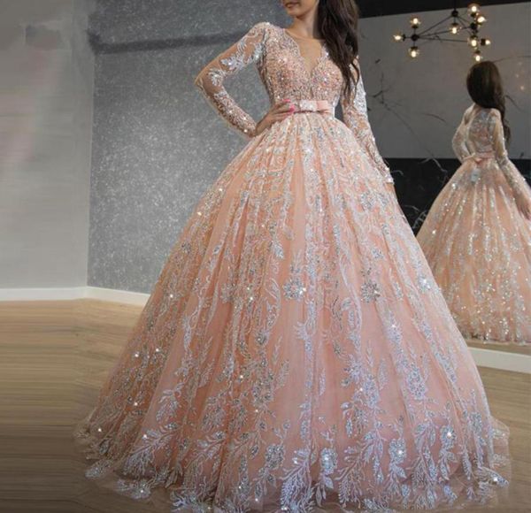 

sparkly pink sequined lace ball gown prom dresses jewel neck long sleeve sweet 16 dress long quinceanera dress robe de soiree9839232, Blue;red