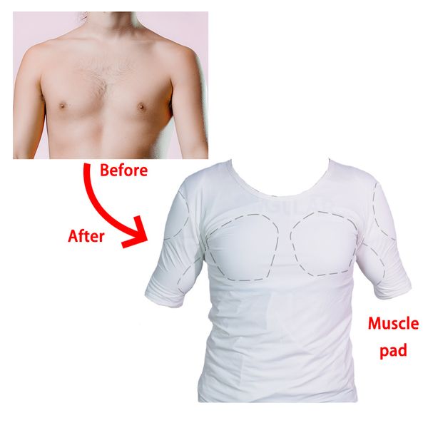 

Man 3D Body Shaper Fake False Muscle Chest T-Shirt Sponge Shoulders Padded Underwear Compression ABS Anime Cosplay Underwear, White