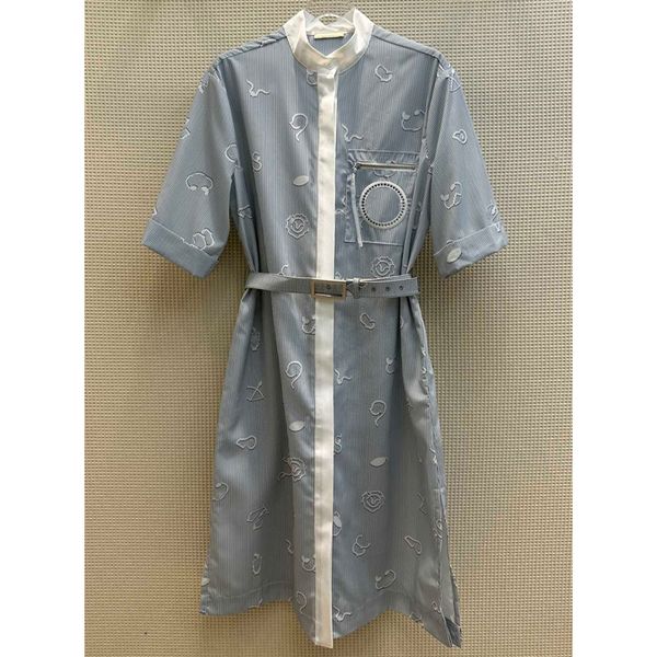 

7.29 fashion striped print letter embroidery pocket with belt side split stand collar women's shirt dresses, Black;gray