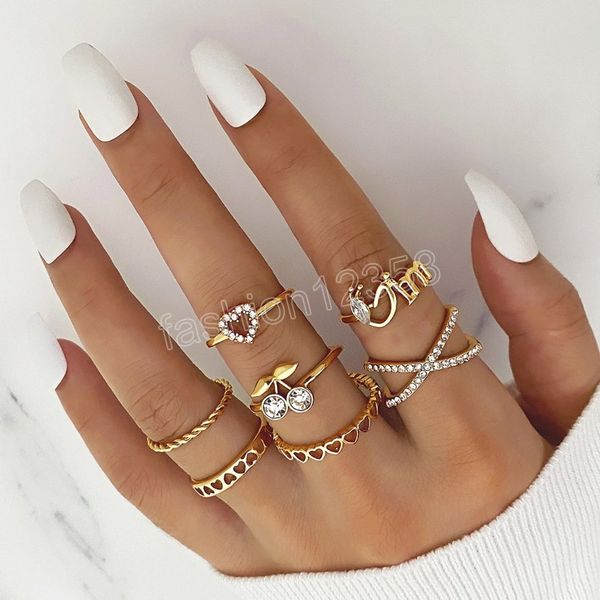 

crystal cherry hollow heart rings for women zircon intersecting gold color metal creative rings set fashion jewelry, Silver