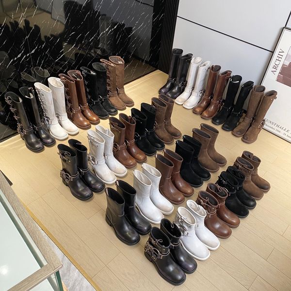 

2023 designer australia luxury women boots tall high platform boots y2k style brown leather biker boot round toe chunky heel boots belt buck, Black