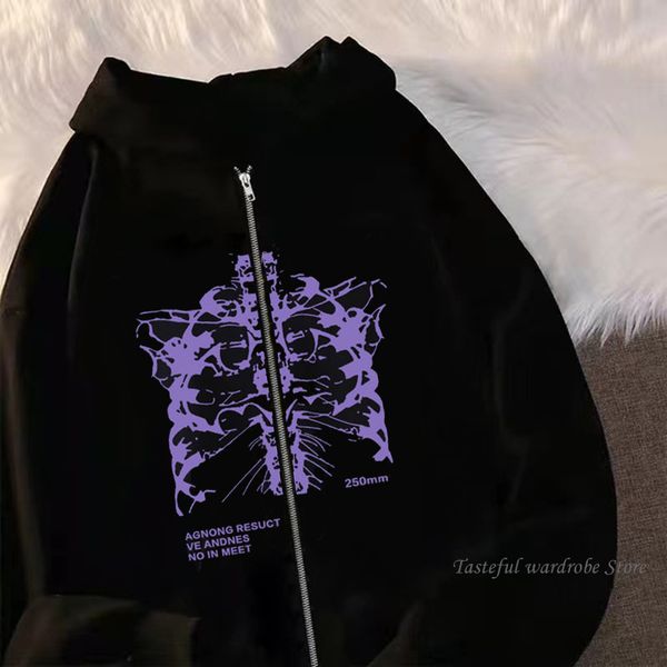 

women's hoodies sweatshirts y2k women vintage gothic streetwear skeleton print hoodies 90s harajuku oversized hip hop jacket zip up hoo, Black