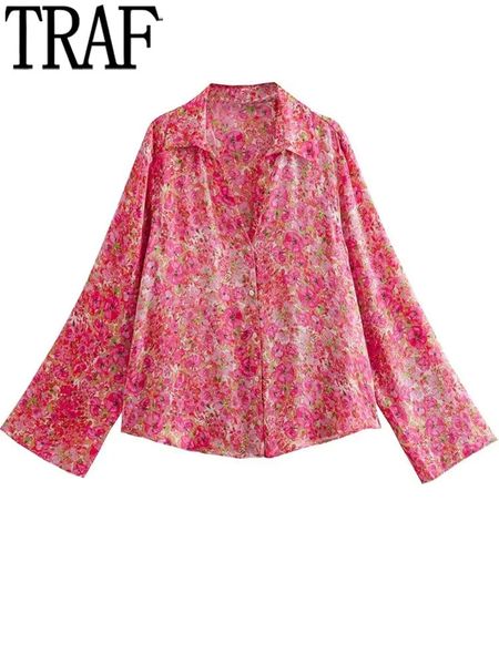 

women's blouses shirts traf pink floral shirt women print satin blouse female button up shirts and blouses for women cottagecore long s, White