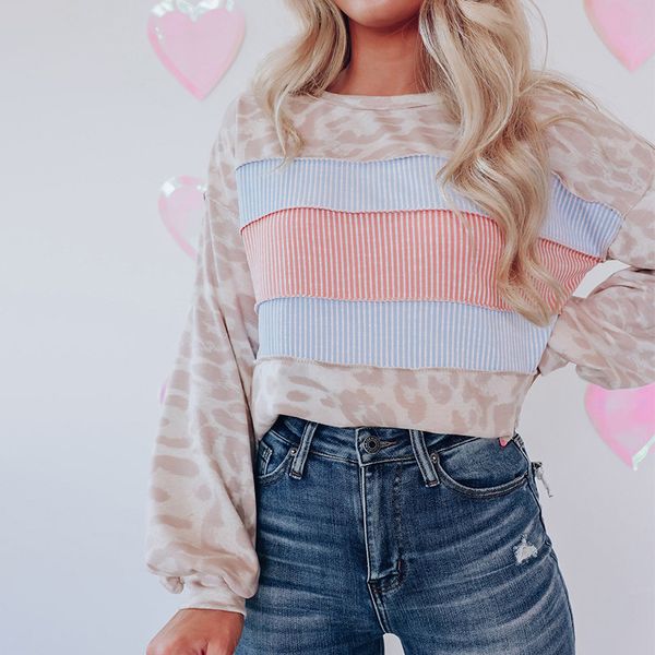 

womens hoodies sweatshirts autumn knitted long sleeve womens personalized color matching leopard print sweatshirt round head womens clothing, Black