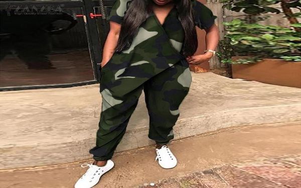 

vintage camouflage overalls womens summer jumpsuits zanzea casual short sleeve rompers female v neck harem pants s5xl y2009049606786, Black;white