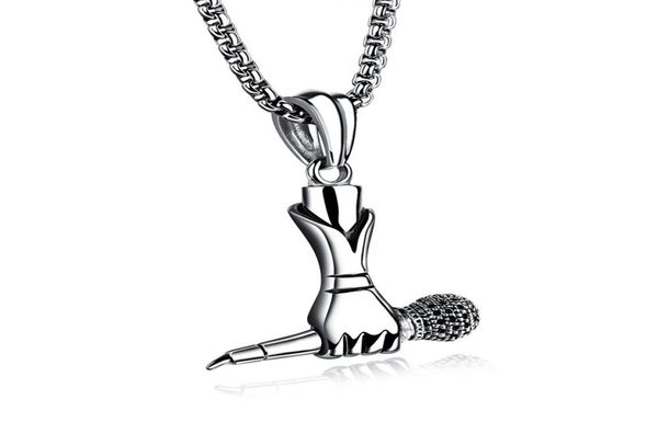 

silver microphone with hand necklace in stainless steel musician music lover singer vocalist choir rocker star hip hop jewelry302p9847606