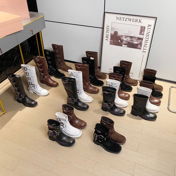 

2023 designer australia luxury women boots tall high platform boots sutra style brown leather biker boot round toe chunky heel boots belt bu, Black