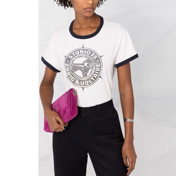

zadig voltaire t shirt designer sleeve color contrast pulley letter print drill cotton women short sleeve t-shirt polos, White