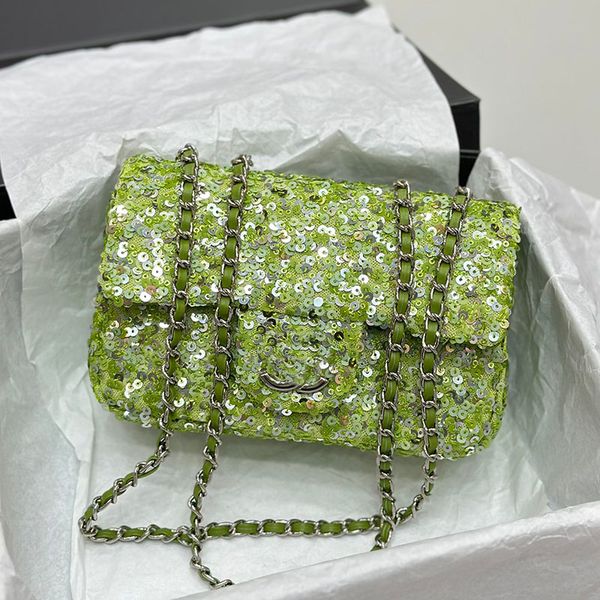 

23c 21x13cm shiny sequins woman designer classic flap bag bright green real leather silver metal hardware matelasse chain crossbody shoulder