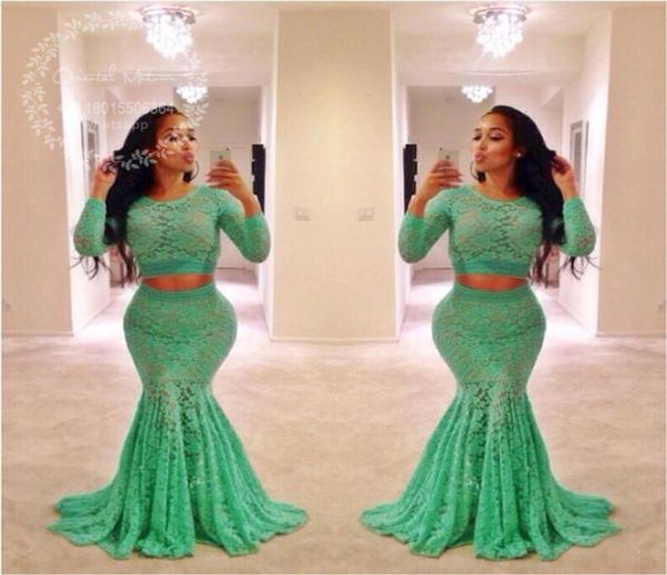 

lime green lace two pieces prom dresses 2017 long sleeves mermaid evening dress african plus size black girls formal party gowns5065510