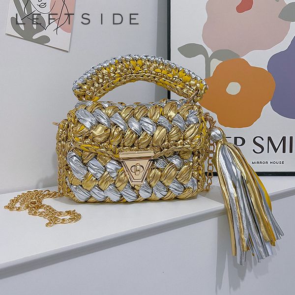 

evening bags fashion small knitting crossbody for women 2023 handmade woven cloth handbags with short handle tassels design tote bag 230729