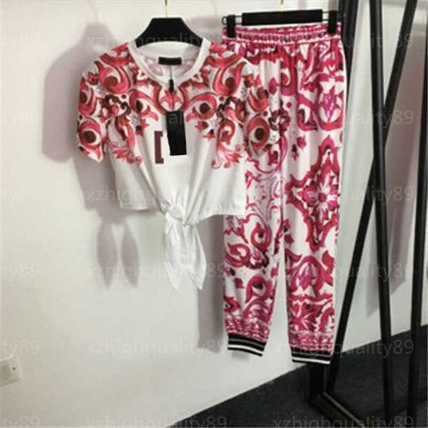 

womens two piece pant tshirt sets fashion sweatpants vintage floral print tie knot waisted short sleeve t-shirt elastic waist casual pants d, White