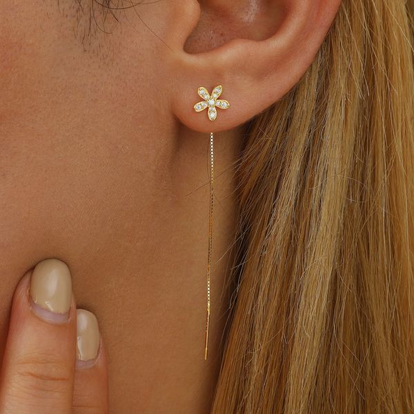 

dainty flower dangle earrings, ear threader chain earrings, silver diamond flower drop earrings, long chain dangle, jewellery gift