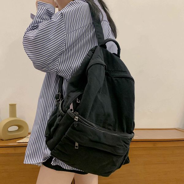 

school bags simple solid color canvas backpack for women college student vintage lapbag kawaii ladies travel backpack fashion schoolbag 2307