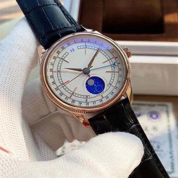 

men's watch automatic mechanical 18k rose gold moon phase date watches 39mm crocodile pattern pin buckle high-end wristband244v, Slivery;brown