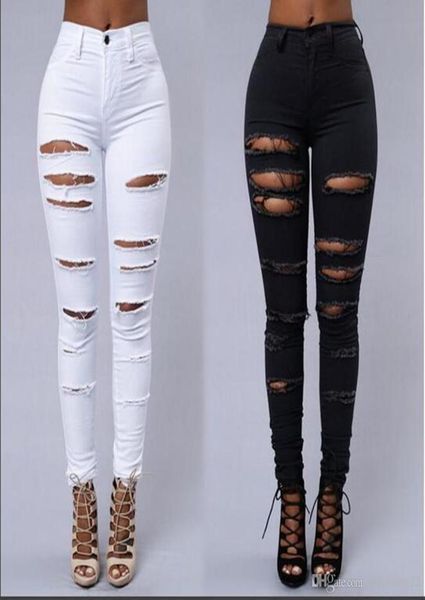

high street women skinny jeans ripped skin tight jeans fashion black and white pencil denim pants9227741, Blue