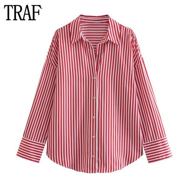 

women's blouses shirts traf red striped women shirt summer oversize shirts for women collared button up shirt woman streetwear long sle, White