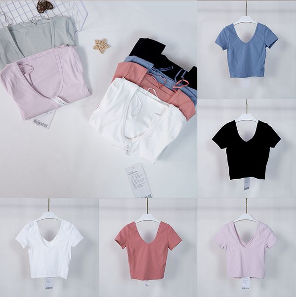 

lulus summer fashion t shirts women's yoga sports short sleeve tight crop t-shirt v neck u back beauty back fitness running gym clothes