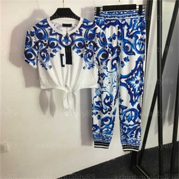 

designer womens two piece pant tshirt set print suit vintage red floral fashion prints waisted t-shirt elastic waist casual pants women suit, White