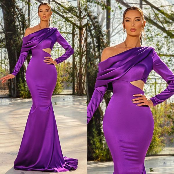 

elegant purple evening dresses pleats long sleeves party prom dress cutaway sides long dress for red carpet special occasion, Black;red