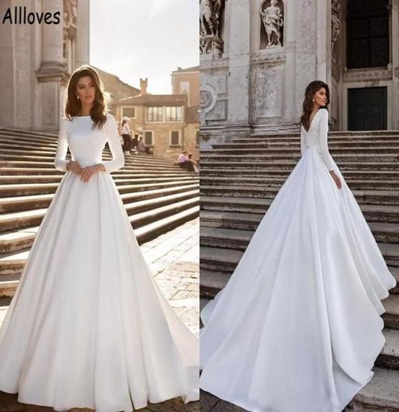 

modern satin a line wedding dresses with long sleeves elegant jewel neck fashion muslim bridal gowns lace appliqued boho garden br3012294, White