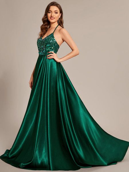 

custom size v-neck glitter sequin halter long prom dress, Black