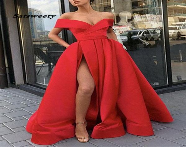 

red prom dresses off the shoulder high slit long evening gown with pockets vestidos de fiesta largos elegantes gala7236581, Black