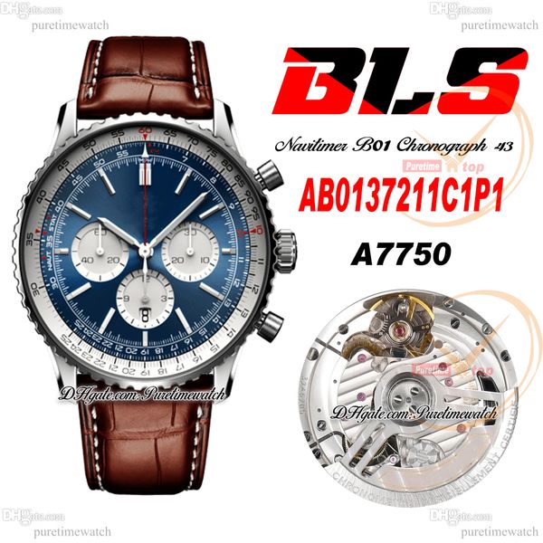 

bls navitimer b01 eta a7750 automatic chronograph mens watch blue white stick dial brown leather strap ab0137211c1p1 super edition reloj hom, Slivery;brown