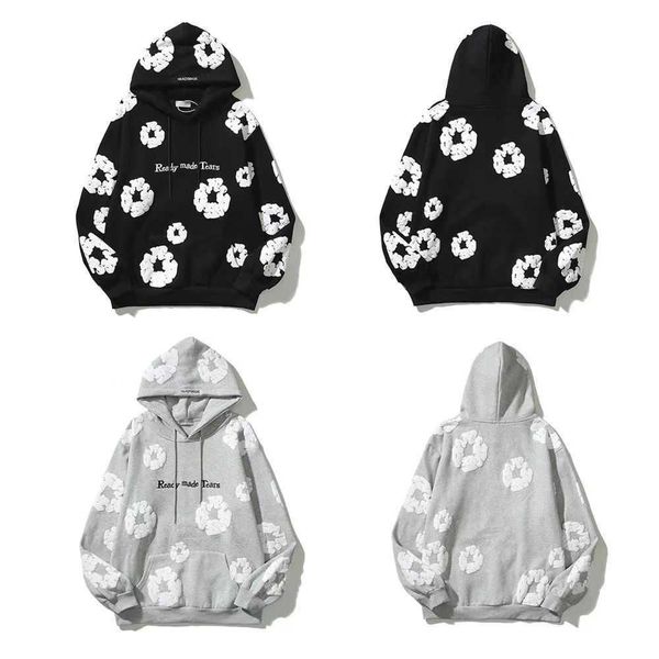 

2023 men's hoodie denim tears floral print fog high street loose suede hooded pullover men, Black