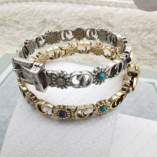 

tennis brass material alphabet splice small flower inlaid with turquoise bracelet, senior sense carved grain watch buckle, anniversary, gift, Golden;silver