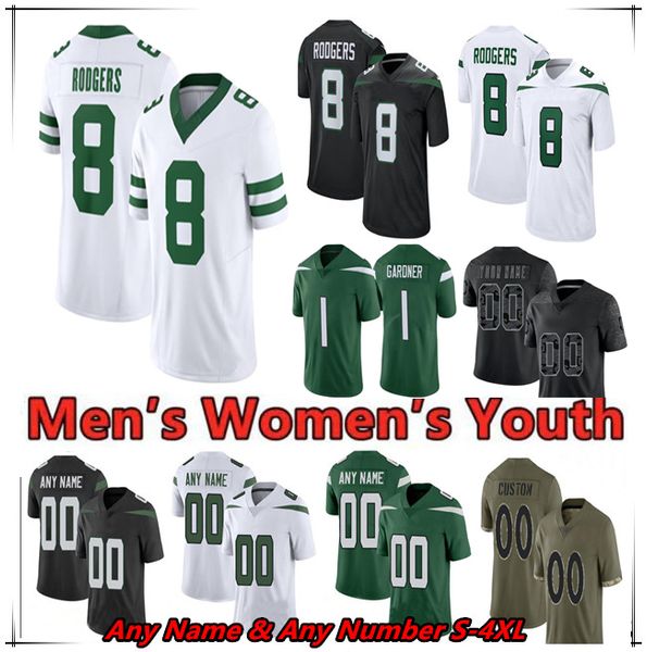 

NY Football Jersey 8 Aaron Rodgers Zach Wilson GARRETT Breece Hall Ahmad Sauce Gardner Quinnen Williams Michael Carter Zonovan Knight Tyler Conklin Corey Davis, Men black